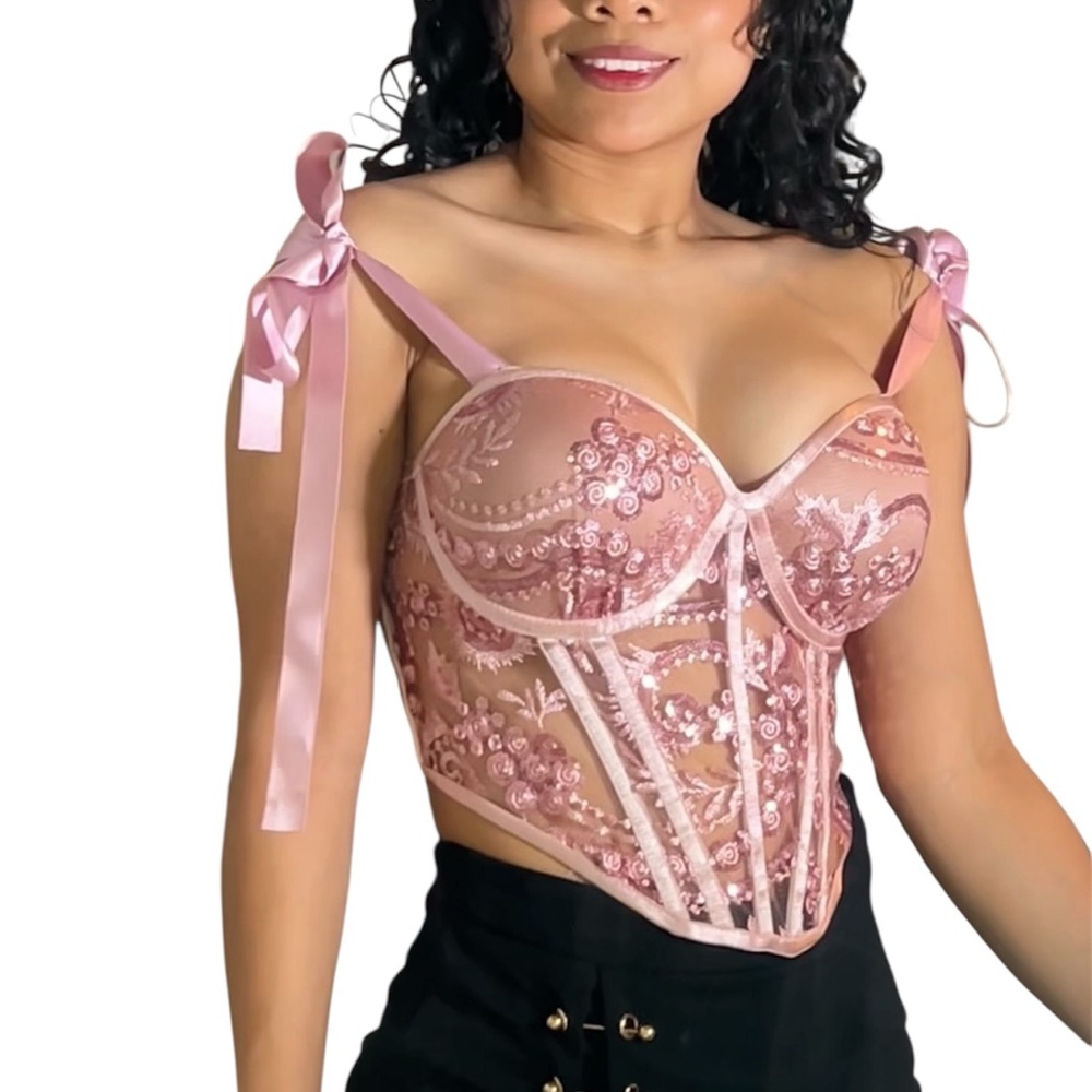 “Dusty Pink Embroidered Satin-Trim Bustier Top – Size M (32/34)”